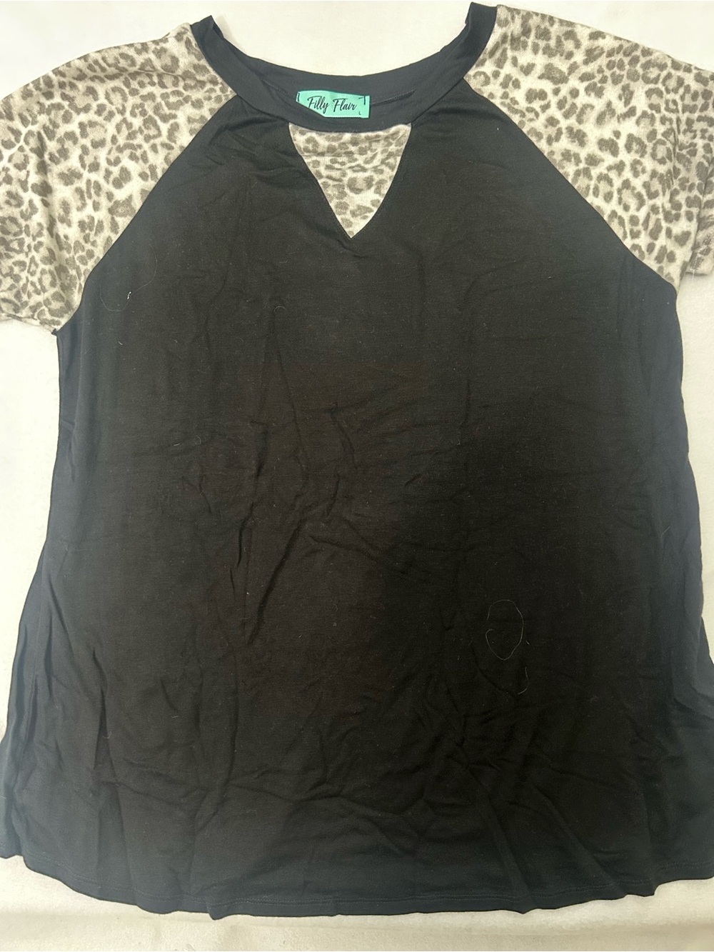 Filly Flair Black Tee with Grey Leopard Raglan Detail
